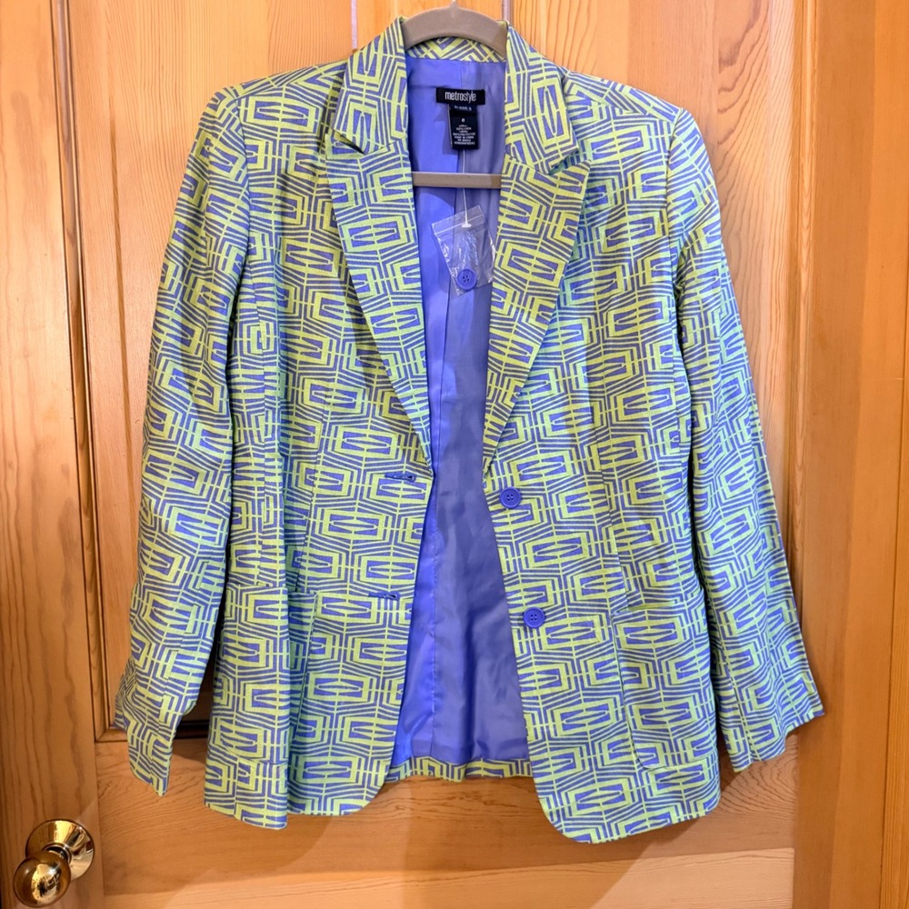 Metrostyle Blazer 8 Lime Green Blue Geometric Linen Greek Key 3-Button Jacket